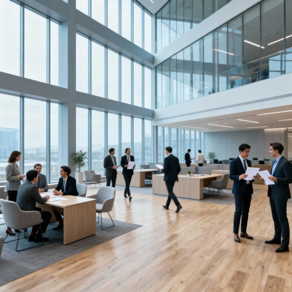 The high-resolution photograph showcases a modern corporate office with natural lighting and a welcoming atmosphere. It reflects a culture that values diversity and qualified candidates. The design minimizes glare, focusing on the inviting ambiance. Interactions among people, some holding resumes, emphasize a dynamic environment. Overall, the image portrays HireCanny as a blend of professionalism and approachability.